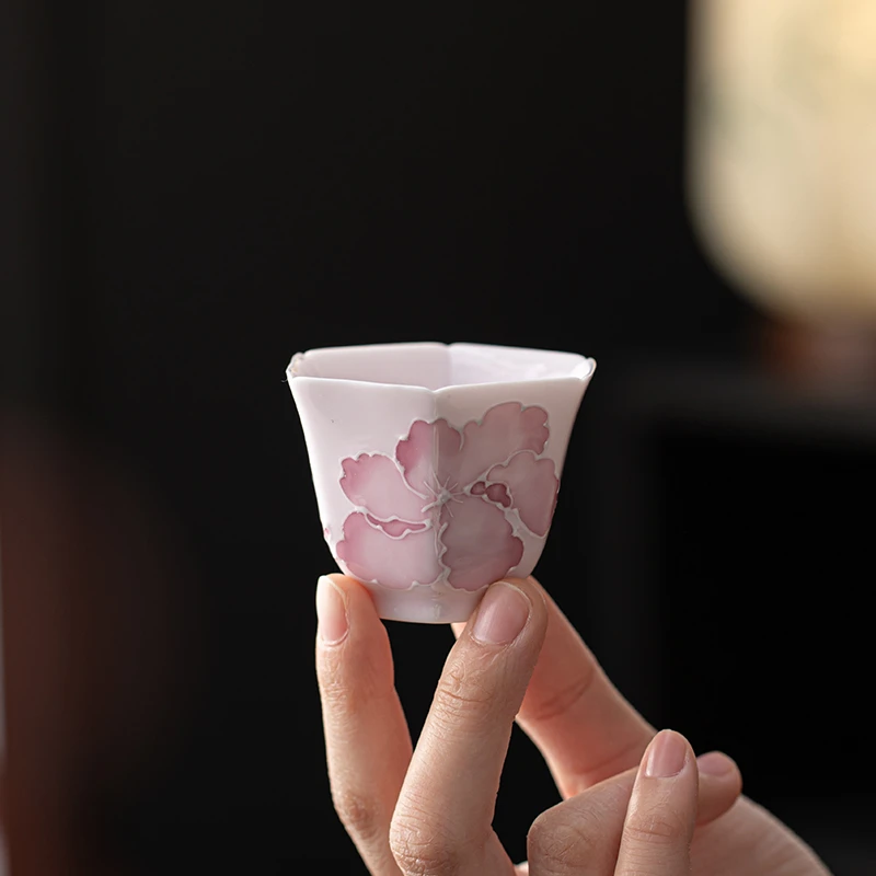 百垚纯手绘堆料芙蓉花六方杯清新创意家用茶杯品茗杯单杯功夫茶具