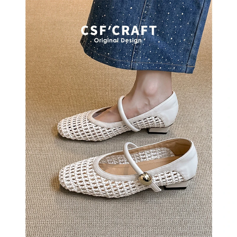羊皮版~真皮编织网面镂空单鞋女一字带粗跟浅口玛丽珍鞋凉鞋夏季