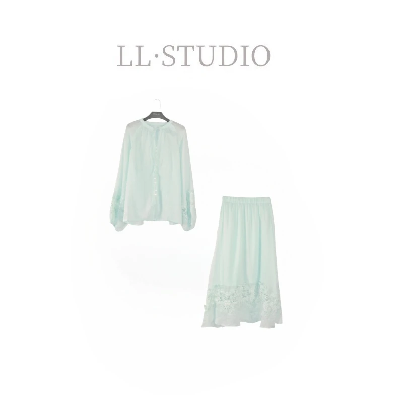 妙兮·LL夏季新款清新文艺薄荷绿衬衫+中长裙时尚套装*20250400