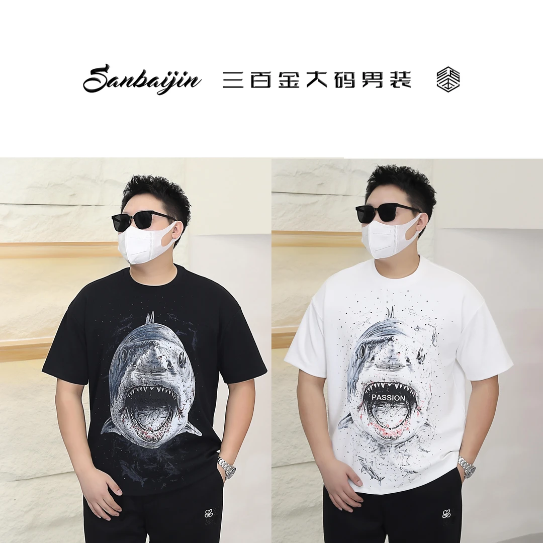 大码男装200-320斤】冬季短袖加厚重磅烫钻印花鲨鱼89052#