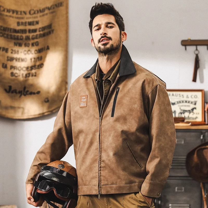 美式复古机车皮衣外套男春秋款潮牌硬汉猎装潮流撞色工装皮夹克男