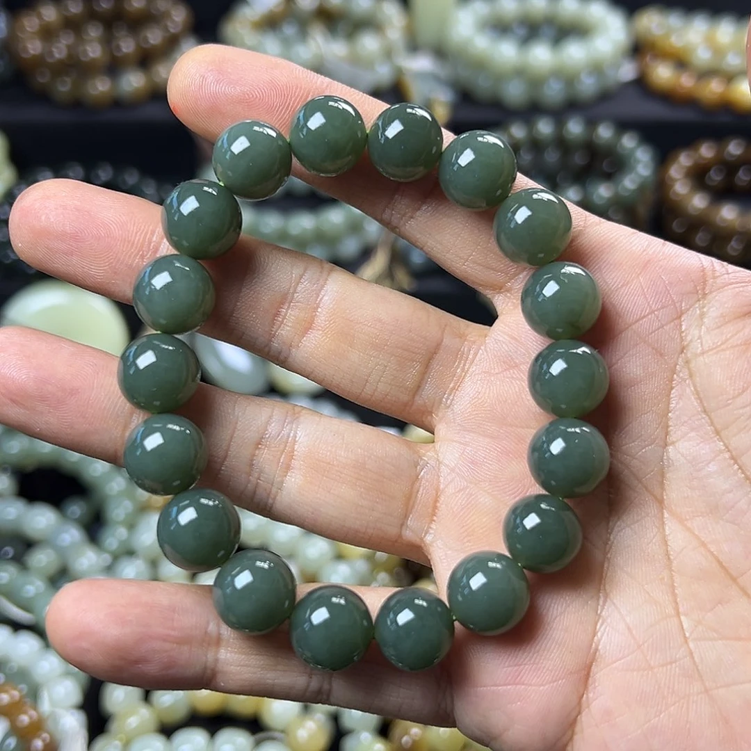 和田玉手链未镶嵌且末蓝卡12圆珠 油润