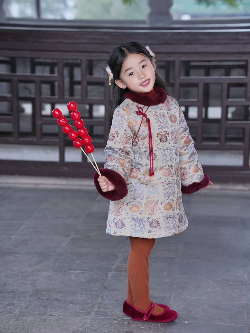 龙凤穿莲秋冬新品儿童保暖旗袍中国风女童拜年服保暖獭兔毛汉服