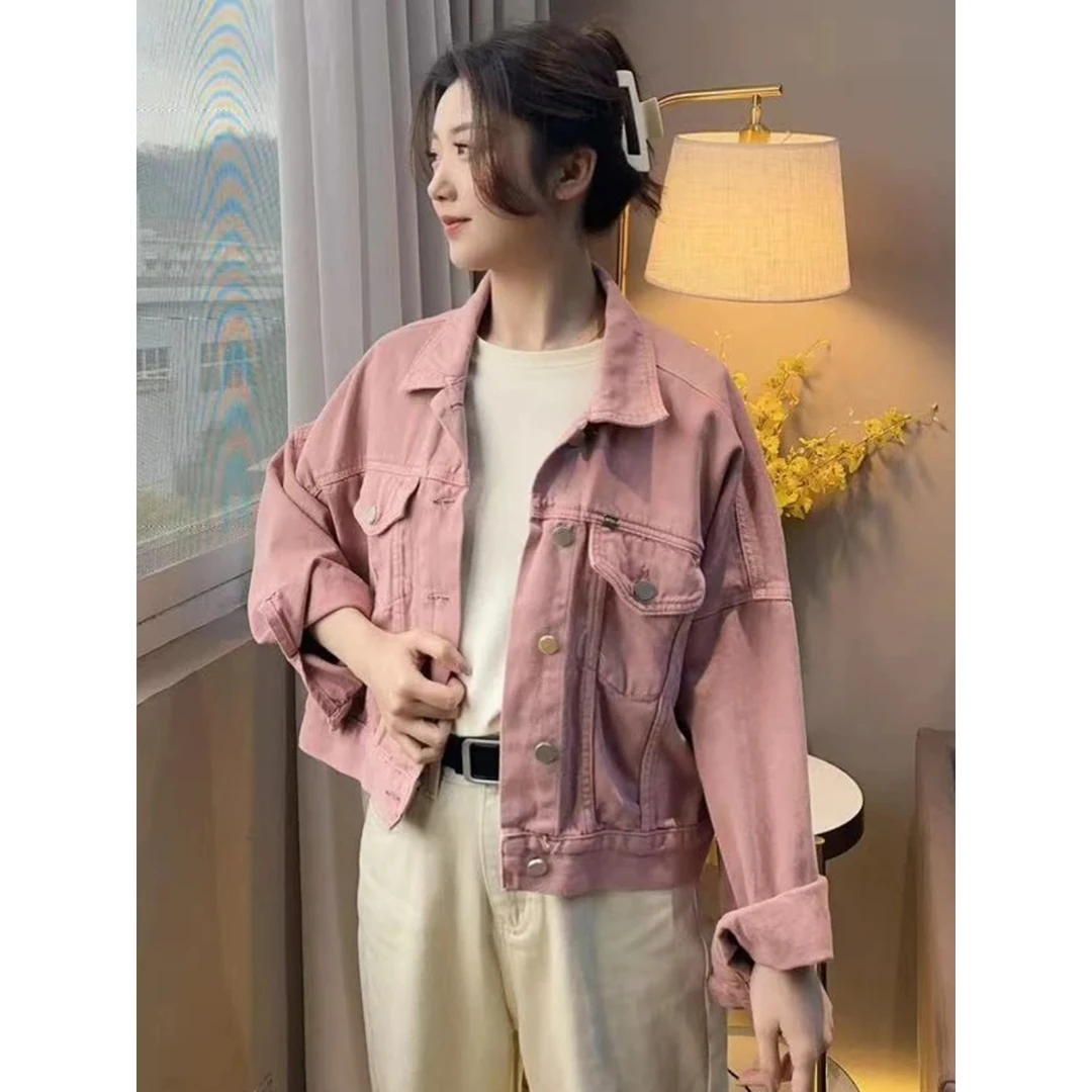 复古短款粉色牛仔外套女2025春秋季新款韩版休闲短款夹克宽松上衣