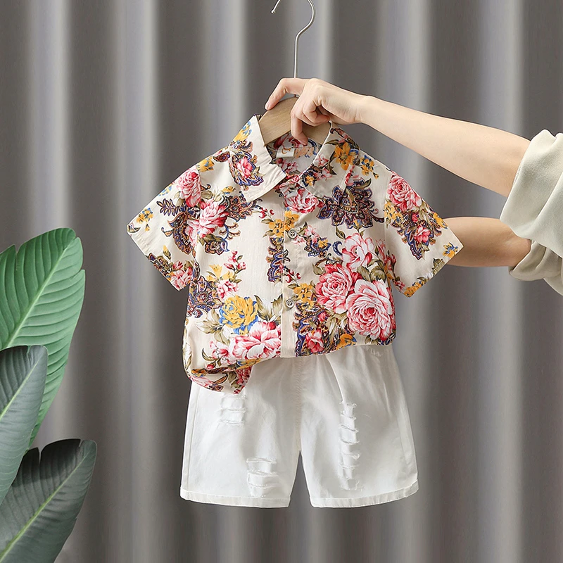 男童男宝花衬衫套装新款儿童夏季短袖洋气衬衫宝宝夏装两件套韩版