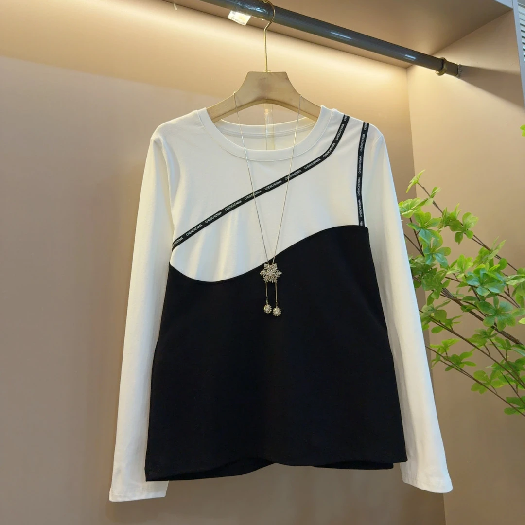 洋气减龄时尚圆领拼接假两件气质修身显瘦上衣（长60左右）