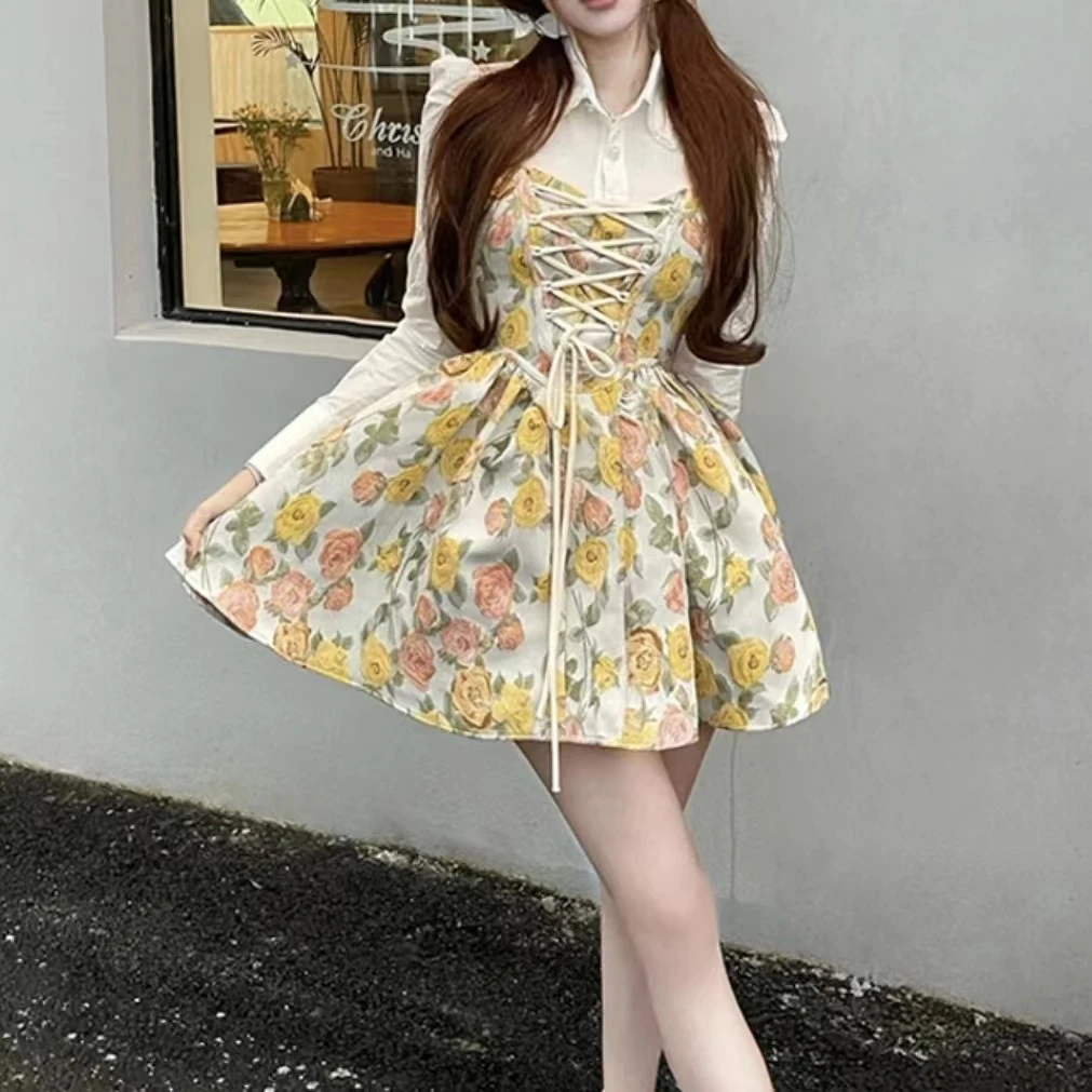 玫瑰花油画吊带裙在逃公主裙绑带收腰连衣裙清新6290