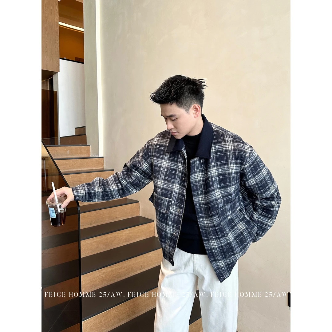 APENG冬季『绵羊毛苏格兰格纹』厚款撞色保暖毛呢棉服夹克外套#3361