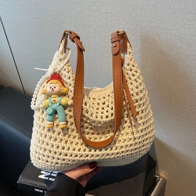 百搭单肩草编包休闲镂空棉线编织包包手提包大容量慵懒风托特包女