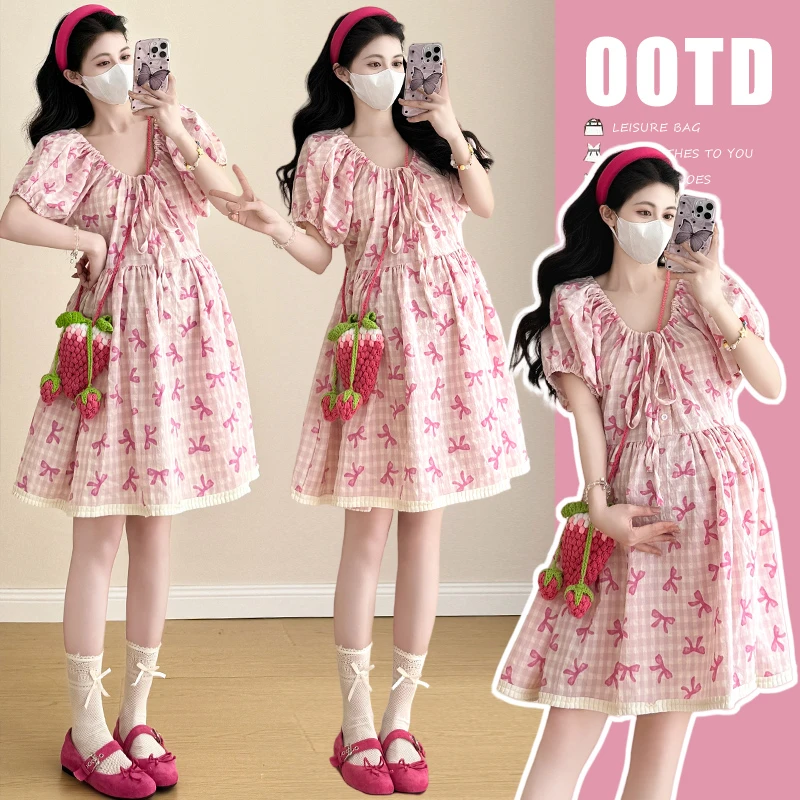 2025新款夏季清新显瘦蕾丝花边减龄甜美泡泡袖蝴蝶结孕妇连衣裙