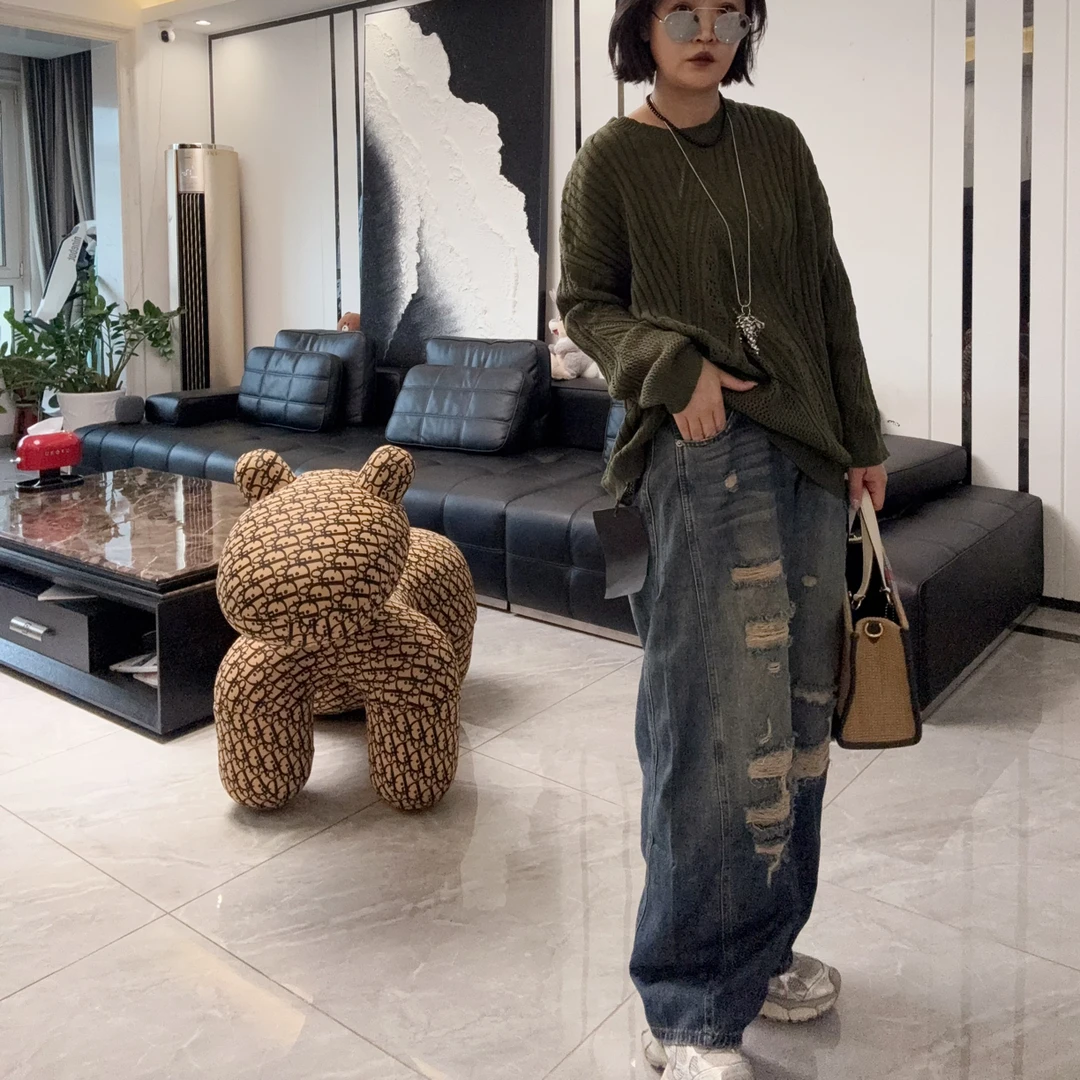 猫妹➕复古水洗个性渐变破洞哈伦奶奶款牛仔裤长裤