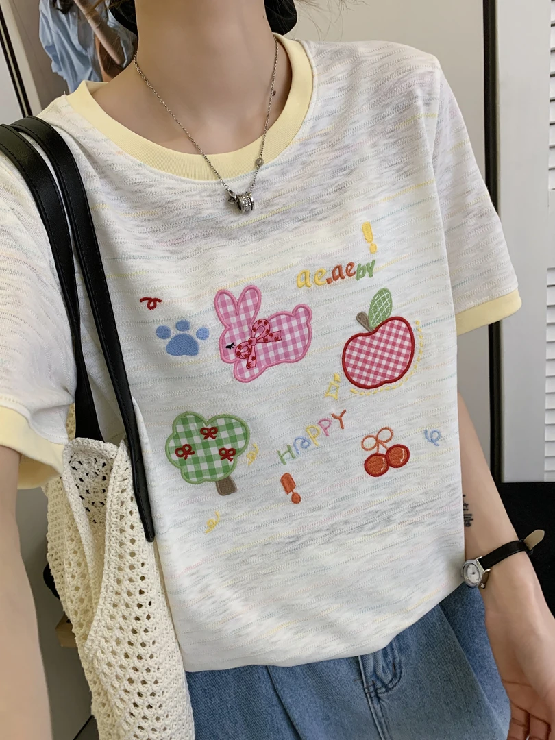 程程甄选 -「兔子苹果」 韩系显瘦条纹宽松遮肉百搭重工刺绣T恤903