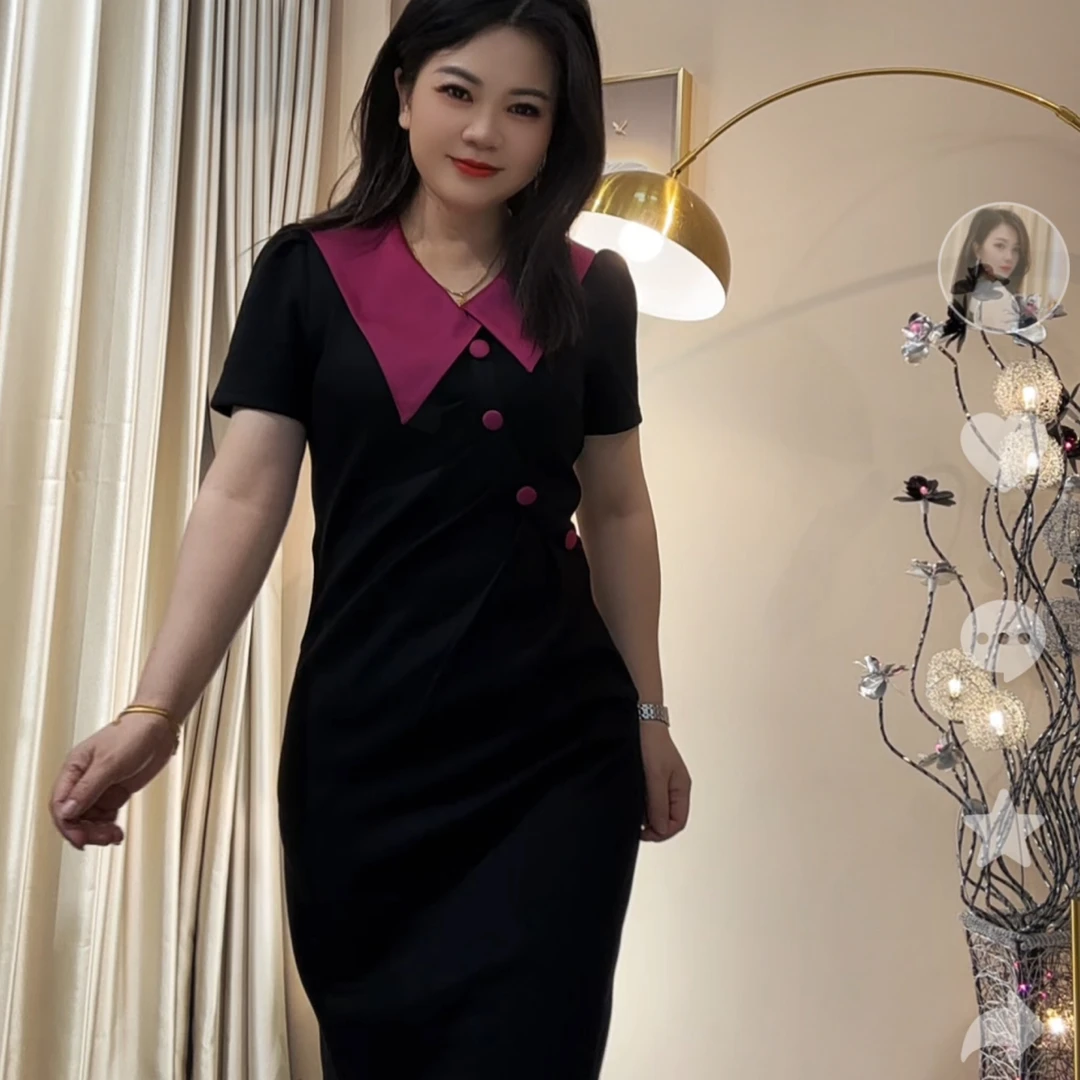 【俊端推荐】2025法式气质修身连衣裙圆领撞色收腰显瘦一步裙