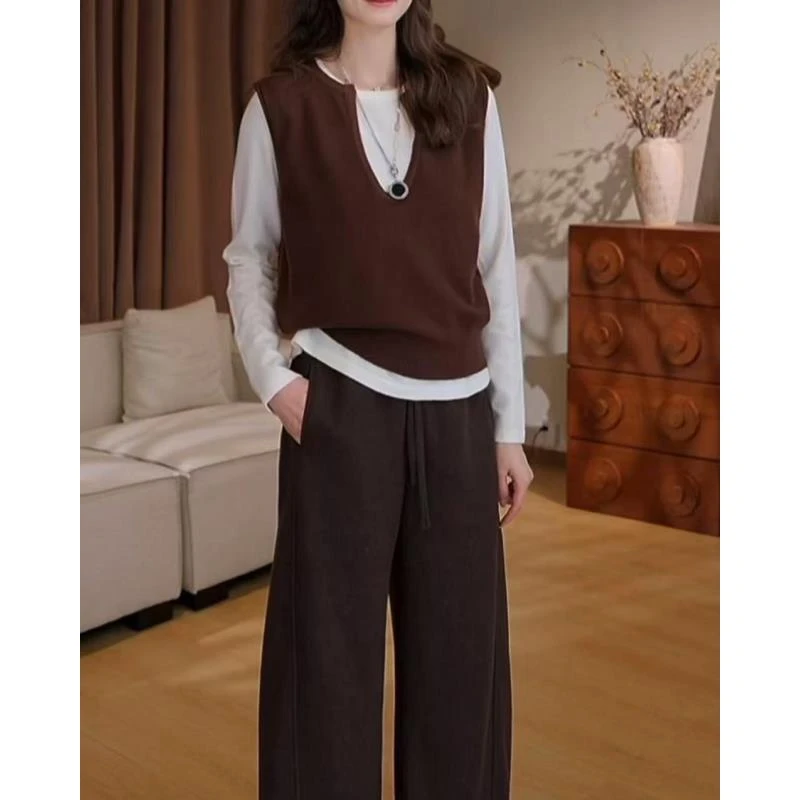 【叠叠乐】圆领针织打底上衣无袖背心马甲真两件套[8028]