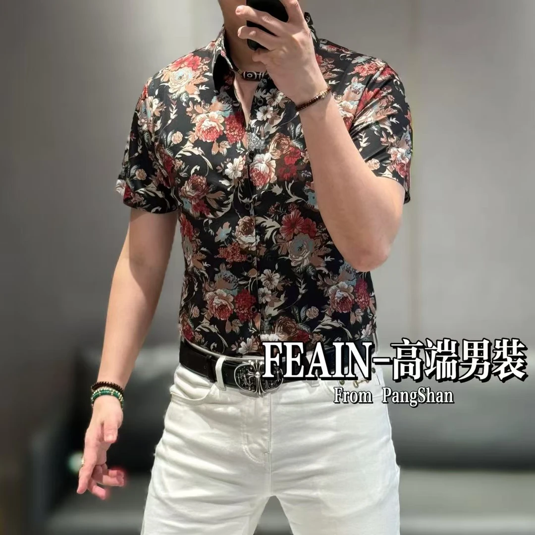 高端定制男士弹力莱卡满花复古港风印花短袖衬衫1576