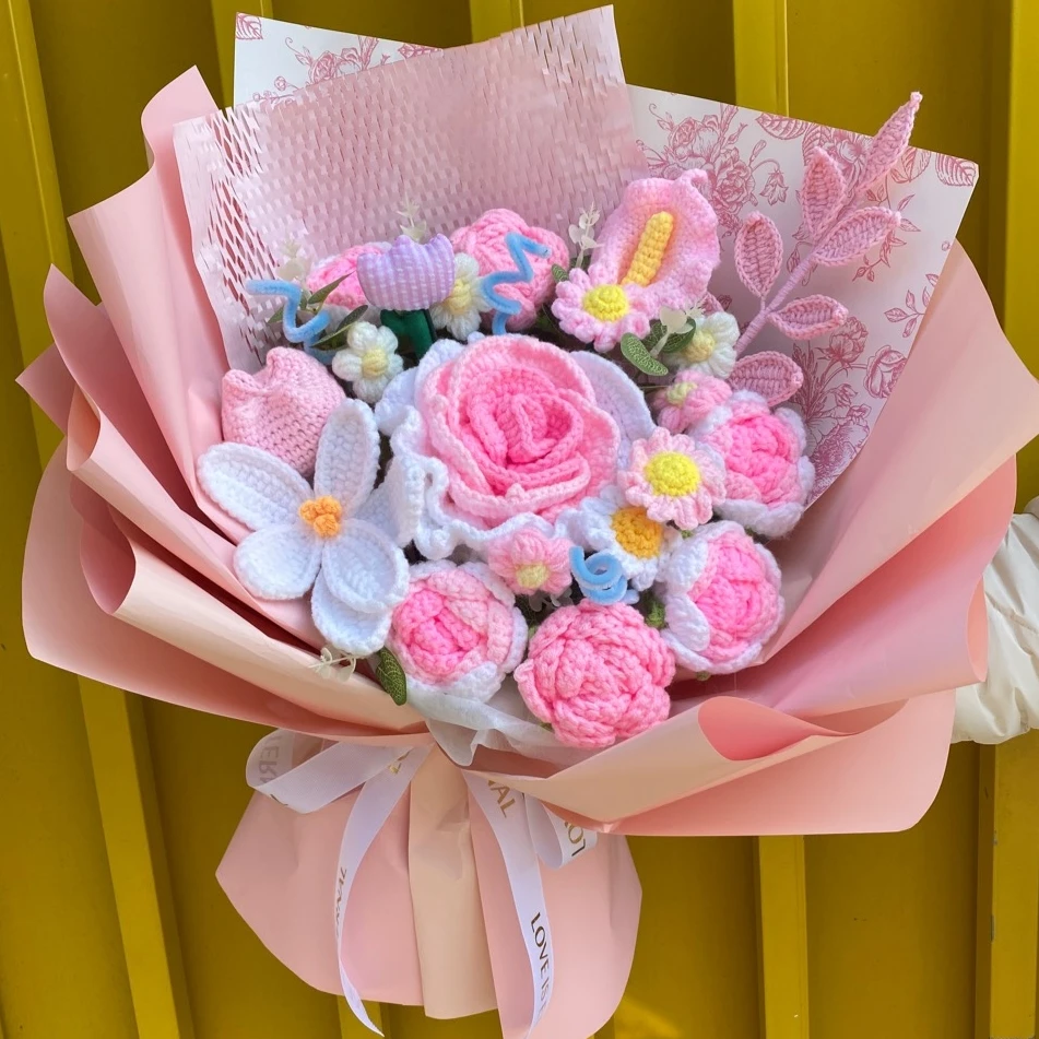 【铭记于心】泰玫粉色手工毛线大花束送女朋友闺蜜创意礼物