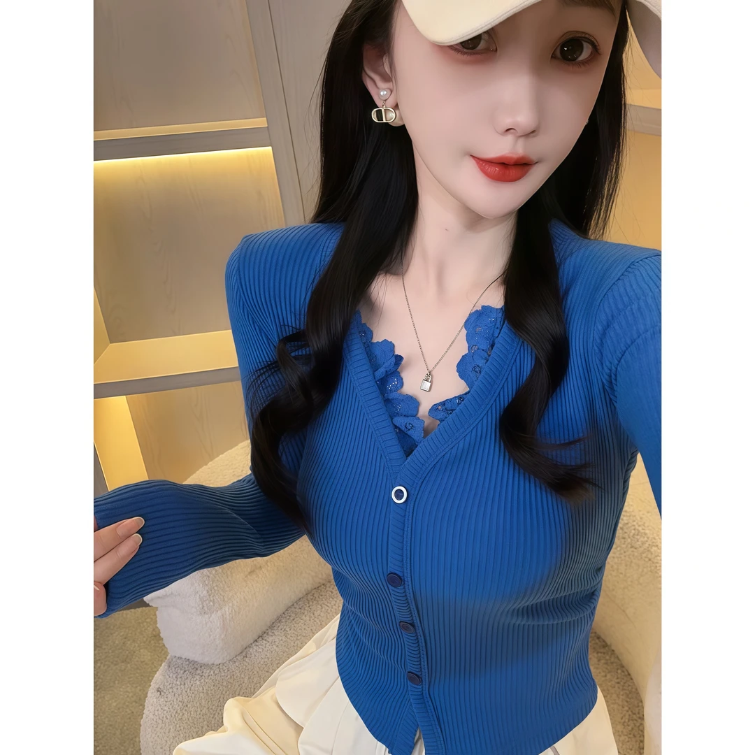 纯欲辣妹辣妹螺纹拼接长袖T恤女秋季新款修身显瘦打底衫内搭上衣