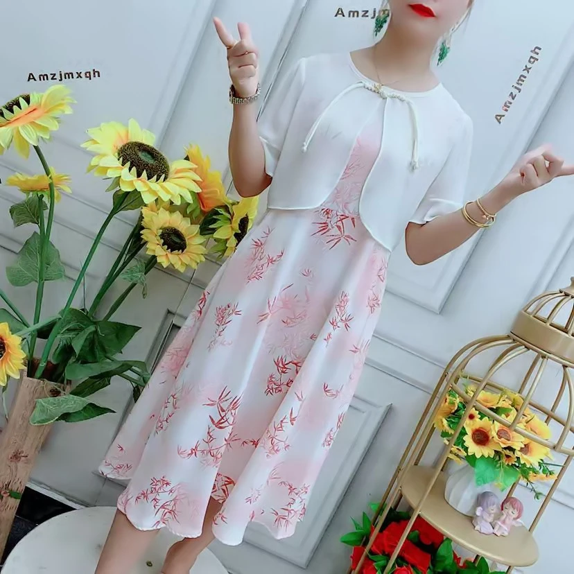 中年新中式复古印花假两件修身连衣裙女夏装妈妈优雅气质减龄裙子