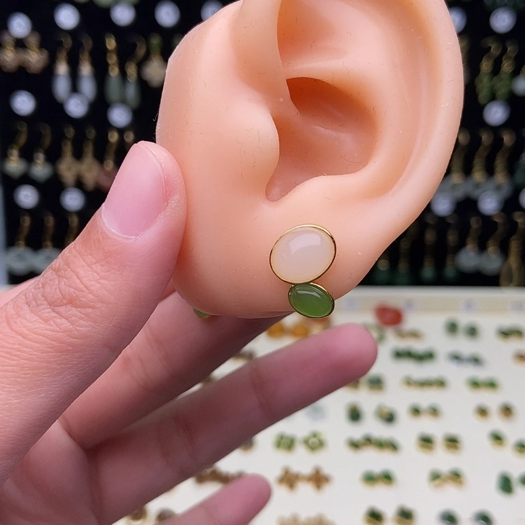 和田玉银S925镀金镶嵌耳饰