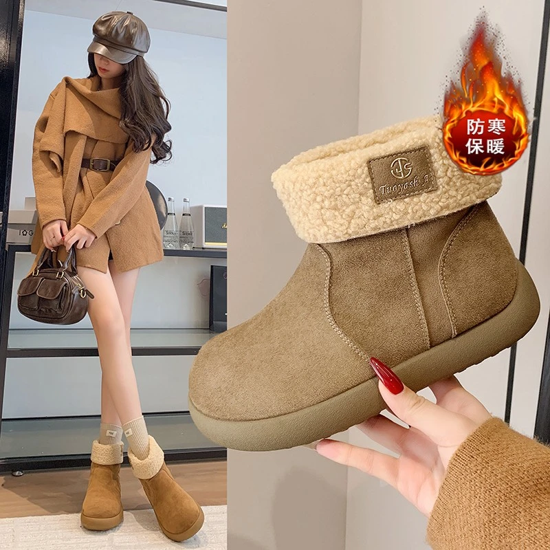 爆款毛毛雪地靴女2025冬季新款加绒加厚保暖棉靴复古翻领勃肯棉鞋