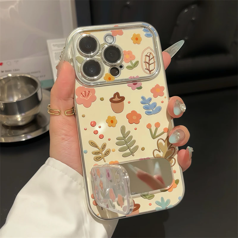 电镀大视窗春夏清新碎花镜面支架适用苹果17promax手机壳新款16