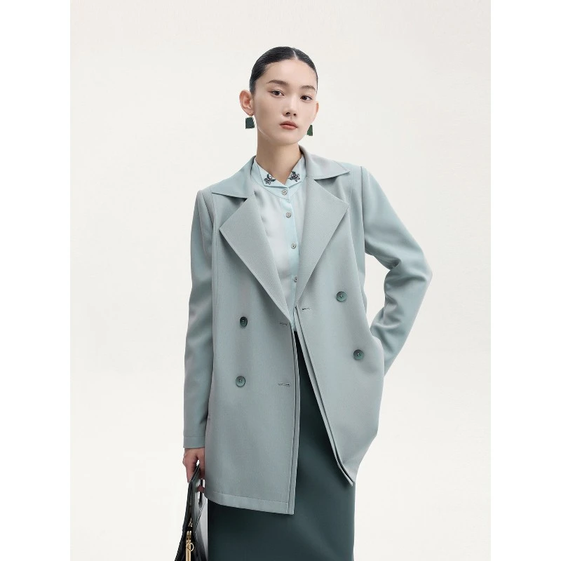 双排扣西装领风衣外套女士秋冬新款轻奢简约修身通勤百搭上衣