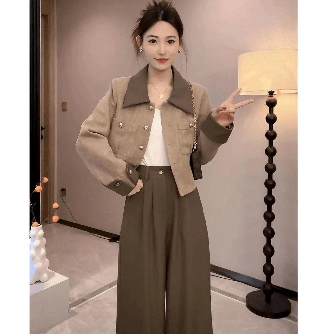 0263小香风时尚套装女秋季新款气质撞色polo领短款外套高腰阔腿裤