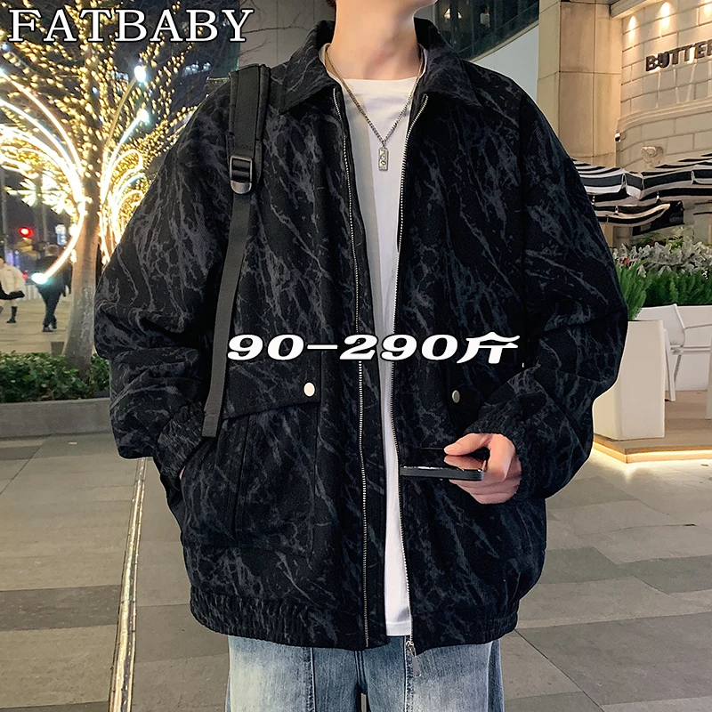 早春设计感翻领夹克加肥加大码痞帅扎染潮流宽松百搭时尚男士外套