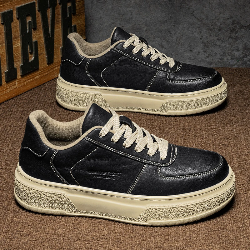 高档专柜春款新款皮面纯黑色板鞋男款厚底增高休闲百搭潮鞋子男鞋