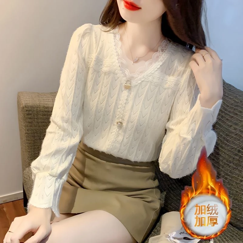 加绒加厚蕾丝打底衫女秋冬新款高档时尚洋气小衫显瘦百搭长袖衬衫