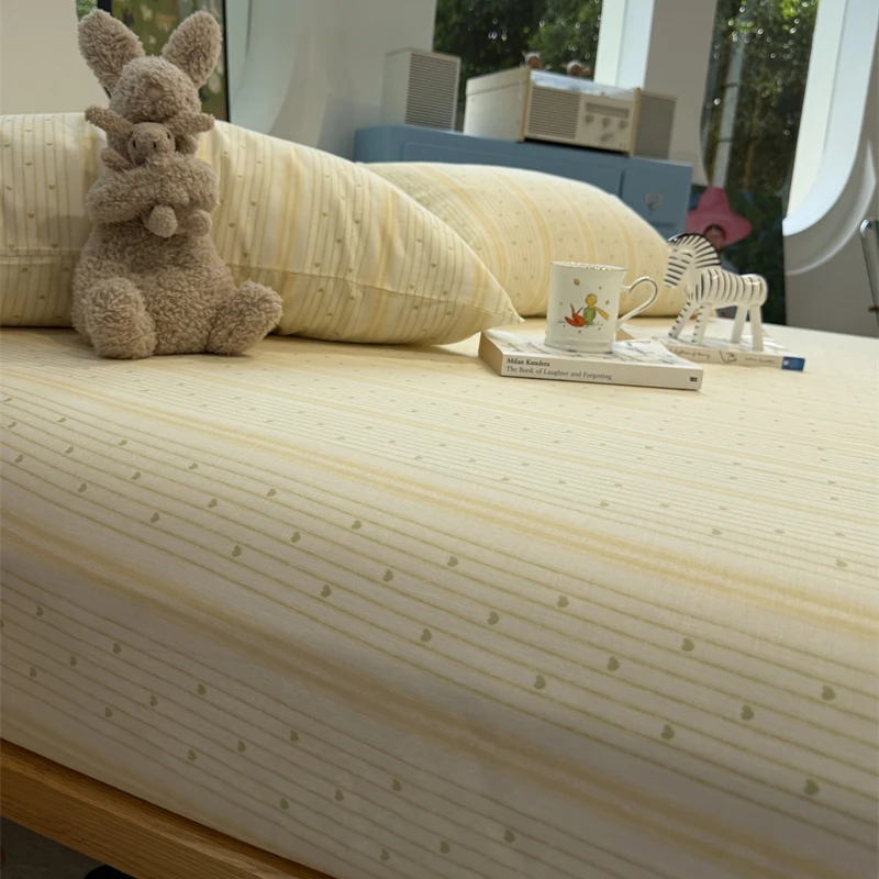 易安阁简约少女条纹爱心黄色双层纱床笠床单单件保护套宿舍床罩