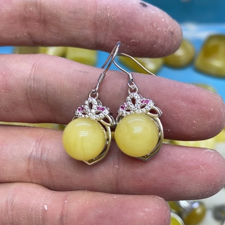 蜜蜡裸石银S925镶嵌耳坠