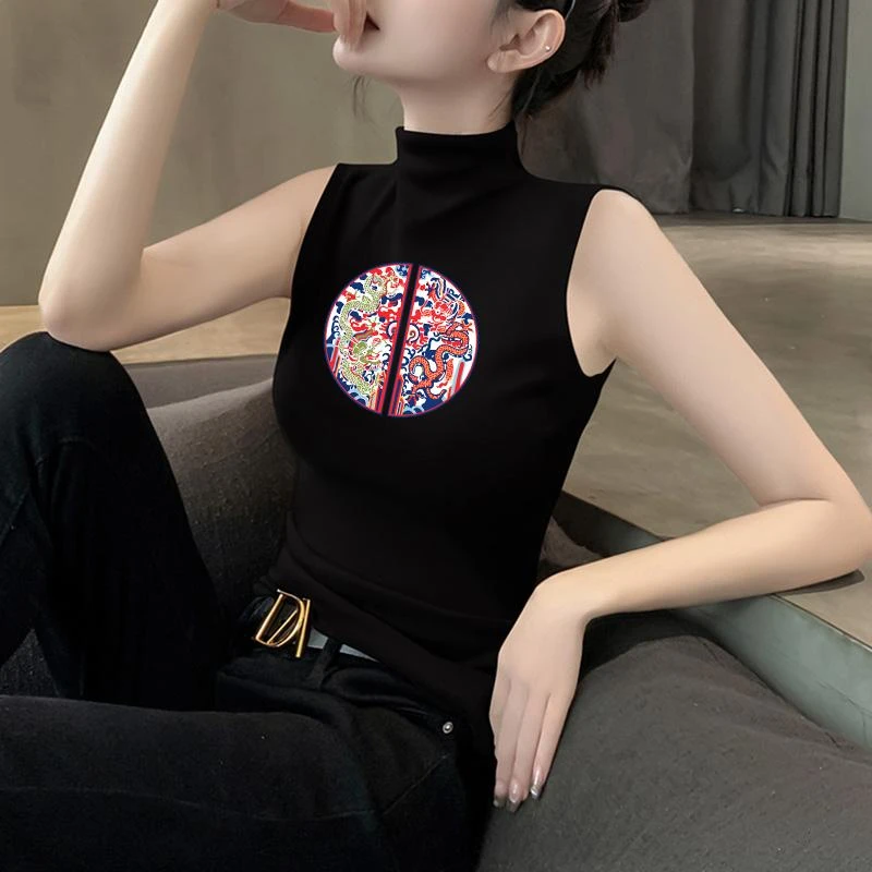 中国风莫代尔无袖背心女春夏外穿小众百搭半高领印花t恤上衣ins潮