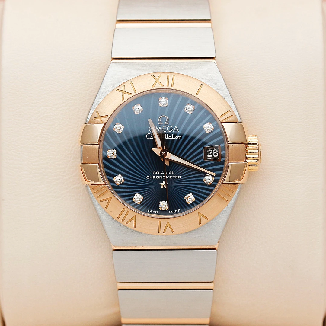 99新 Omega/欧米茄 星座系列间玫瑰金原钻27mm自动机械女表