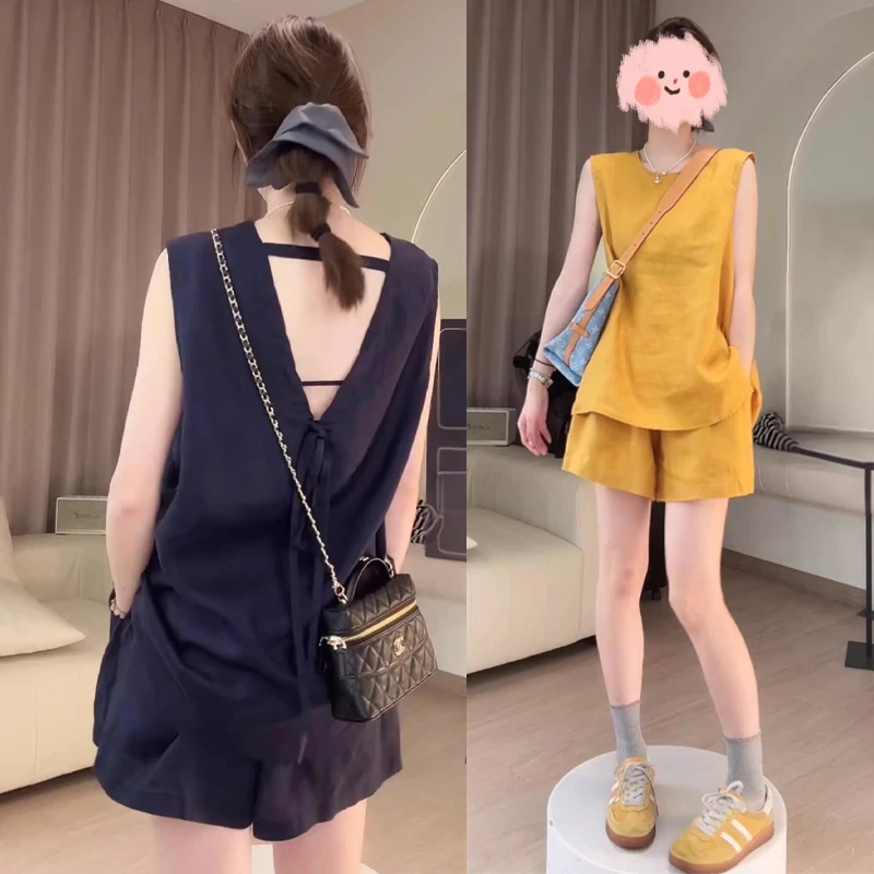 韩版时尚套装搭配一整套后背镂空无袖上衣+短裤休闲两件套女夏潮