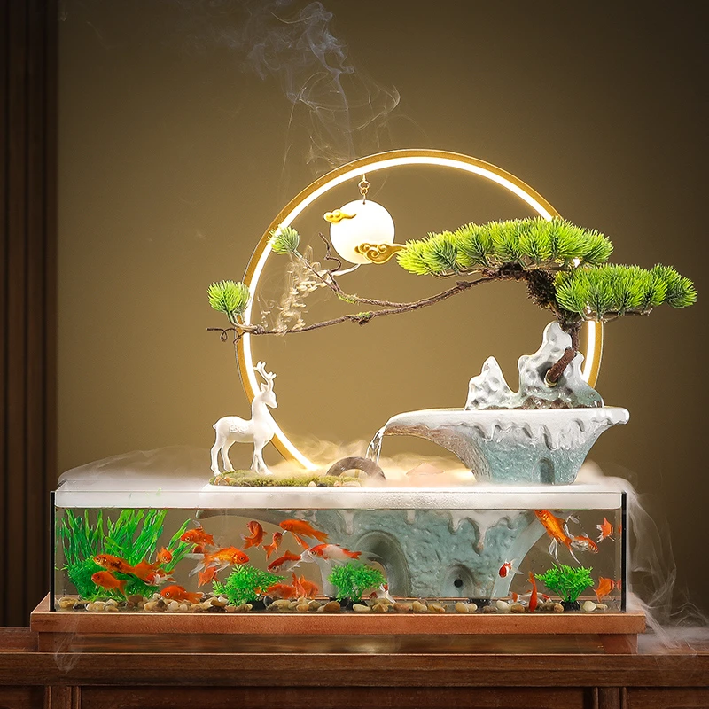 陶瓷假山流水循环水玻璃金鱼缸摆件家居客厅办公室造景装饰礼品