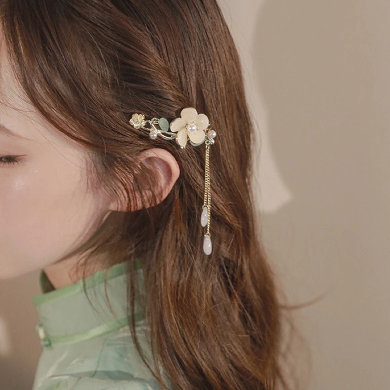 森系玉兰花 古风发夹超仙简约女刘海夹旗袍发饰汉服发卡夹子头饰