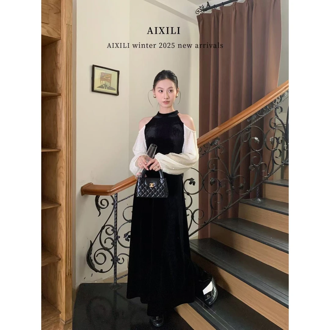 L-15767#轻奢亮片挂脖连衣裙高级感气质长裙