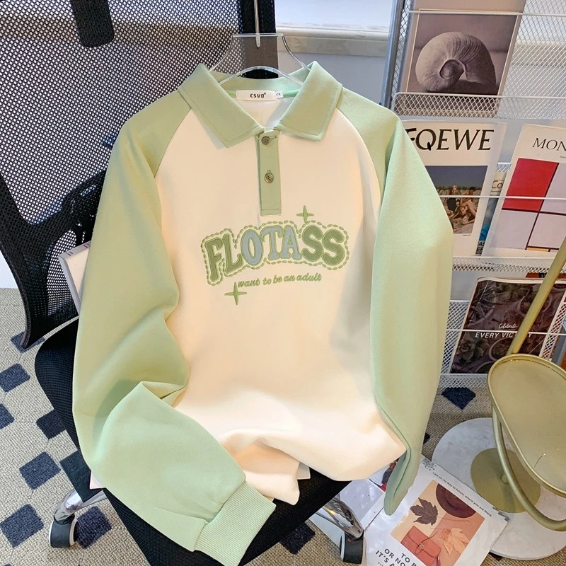 女童2025新款春季卫衣POLO领中大童撞色字母美式上衣学院风洋气潮