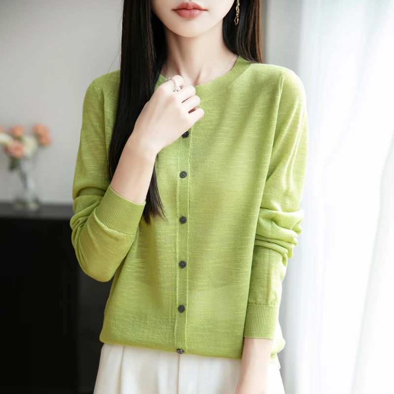 RZ.2025夏季！竹节麻圆领系扣开衫空调衫透气纯色时尚长袖针织衫