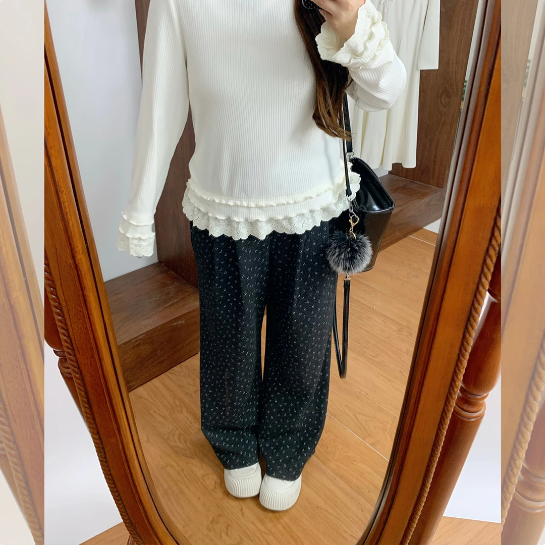 【LT STUDIO辣条大码】韩系碎花百搭直筒加绒休闲裤