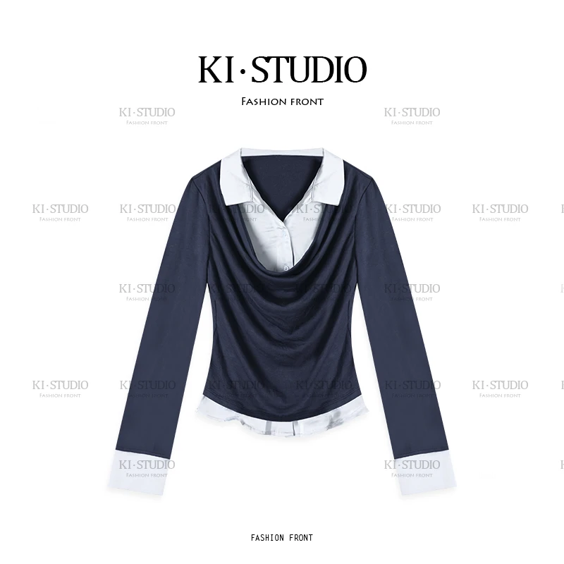 韩系复古假两件拼接衬衫秋季设计感修身显瘦通勤百搭上衣KI-2548