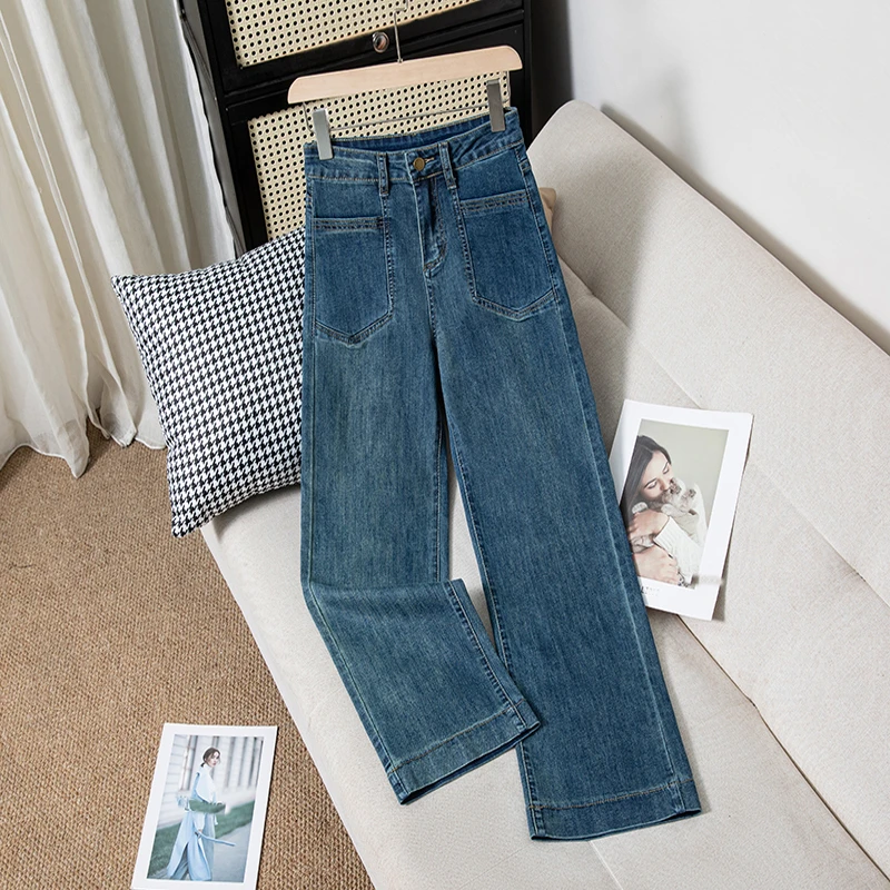 秋冬新款弹力窄版阔腿牛仔裤女九分小个子百搭款高腰显瘦直筒裤