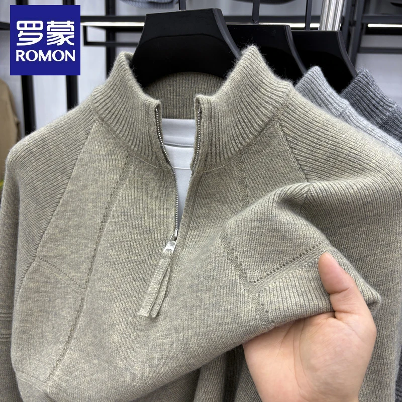 罗蒙秋冬季男士保暖立领针织衫时尚半拉链宽松纹理提花长袖毛衣潮
