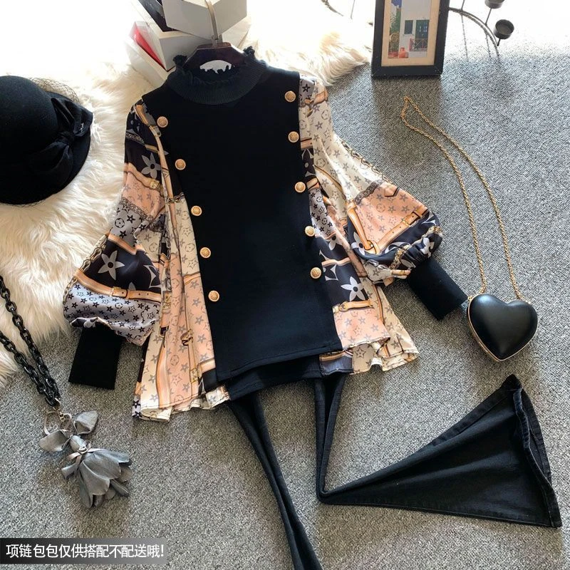 新款新款复古气质大码灯笼袖宽松遮肚拼接套头印花衬衫女A061