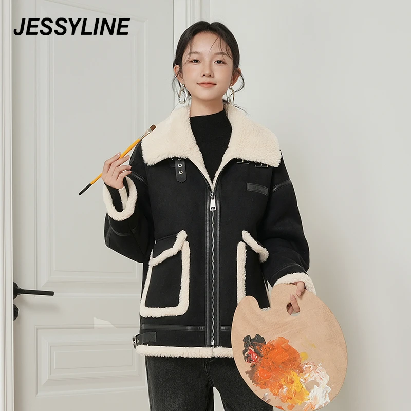 jessyline冬装新款女装 杰茜莱时尚黑色高级感洋气厚外套女