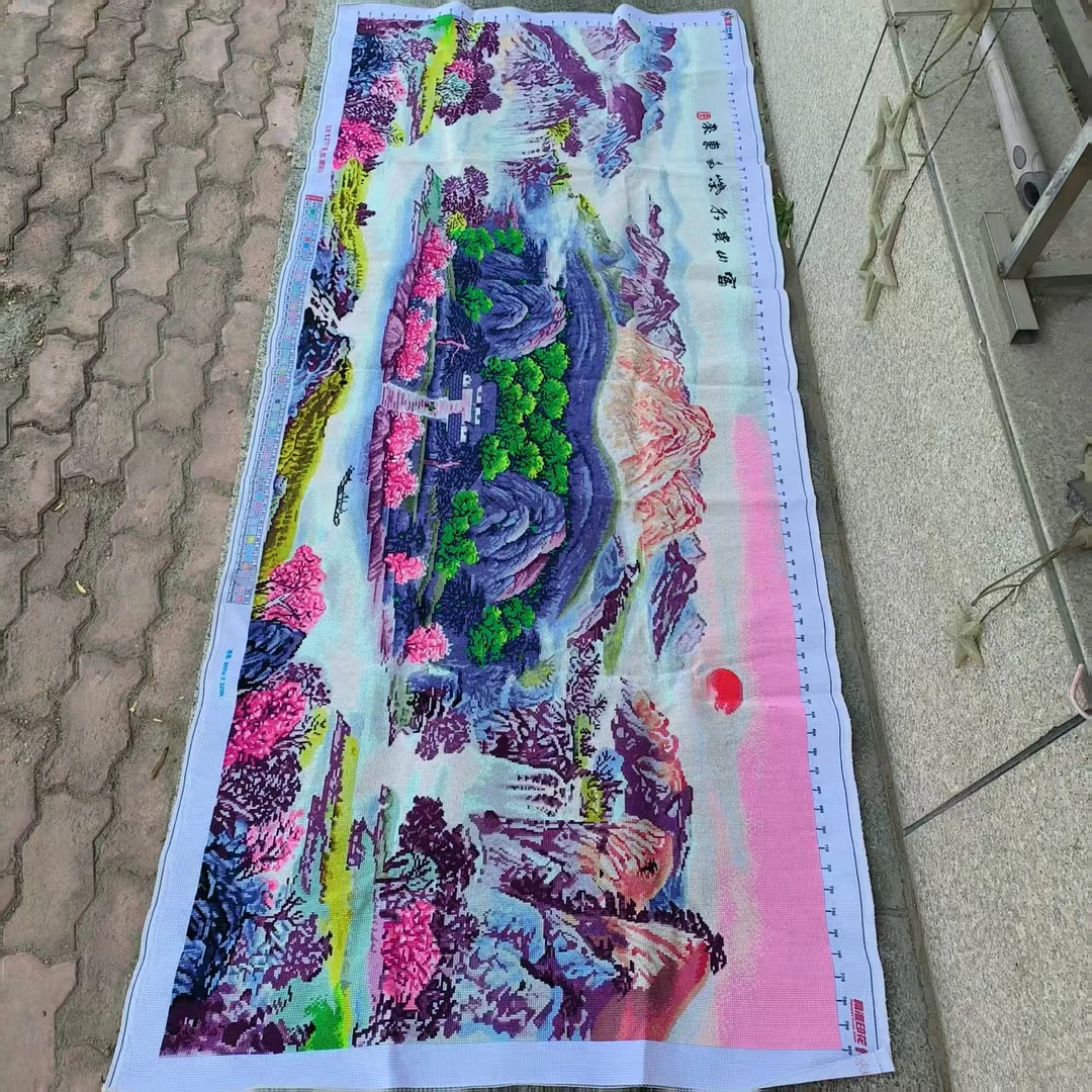 纯手工绣好的十字绣成品紫气东来聚宝盆流水生财山水风景装饰挂画