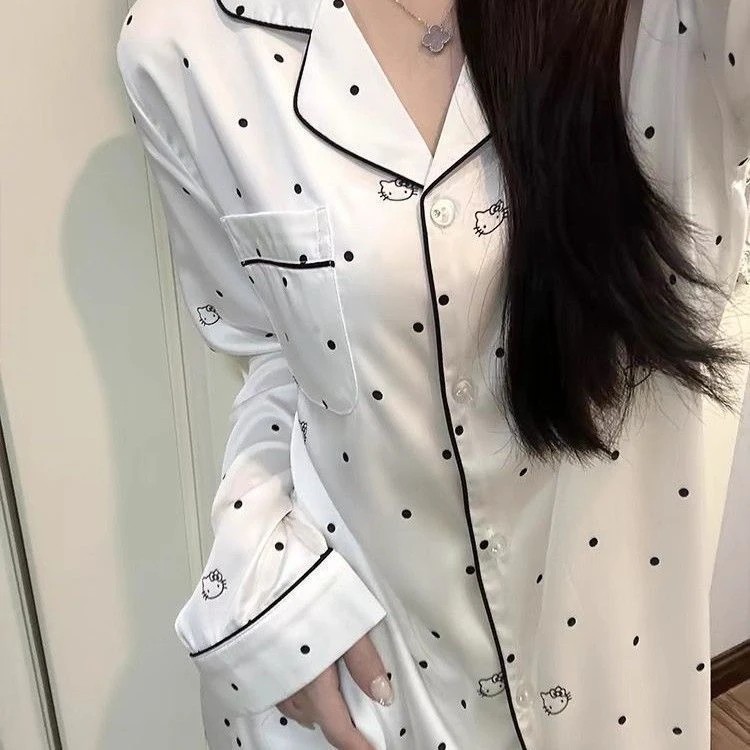 2025秋季韩版kt猫长袖长裤带胸垫冰丝睡衣女春秋季薄款透气家居服