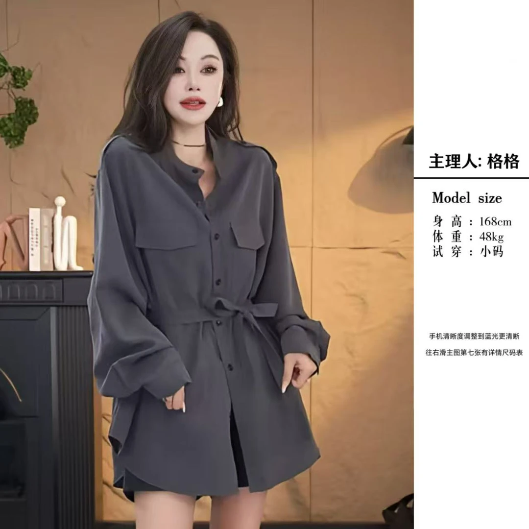 【格小姐】9836-3秋款欧版流苏风潮流百搭设计感立领宽松显瘦衬衫女