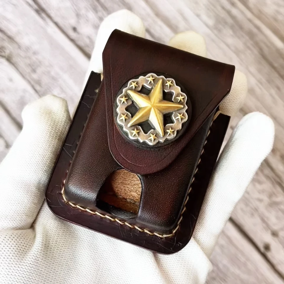 手工定制打火机皮套加厚植鞣牛皮磁扣五星扣挂腰便携头层皮耐用
